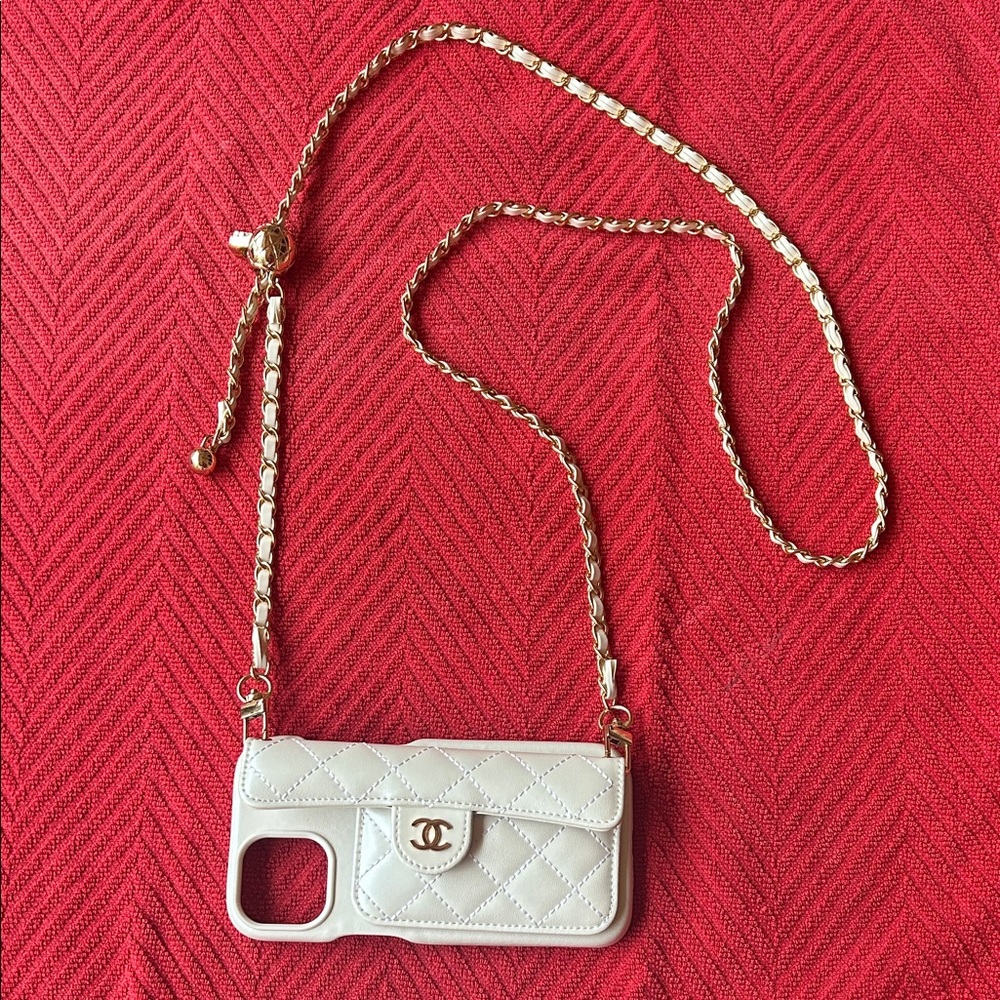 Quilted Cream IPhone Case with Gold Chain